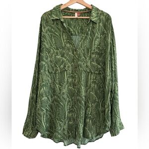 Anthropologie Pilcro Green Blouse Button Up Lightweight Leaf Print Boho Flowy XL